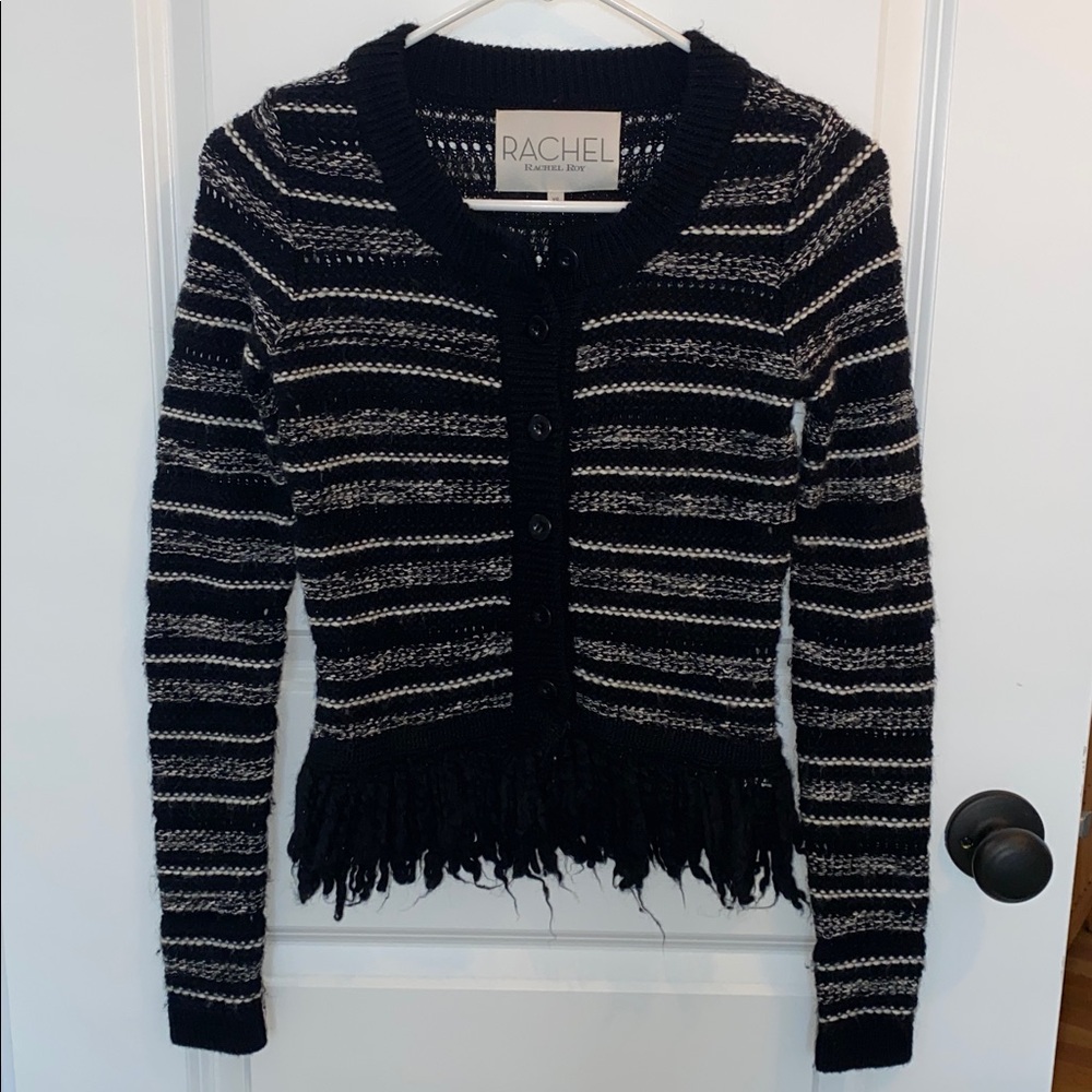 Rachel Roy Black and White Fringed Crop Cardigan